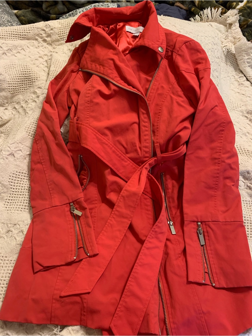 New York & Company Pink Belted Trench Coat with Asymmetric Zip